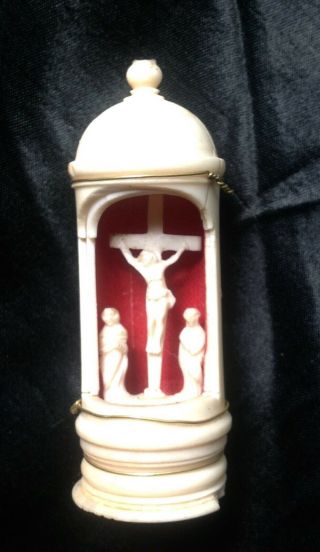 Antique Carved Bone Travel Reliquary Relic Jesus Cross Mourning Memento Mori