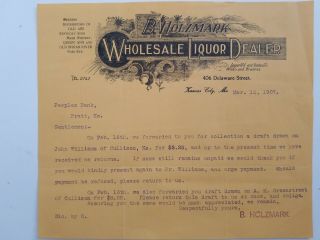 1907 Advertising Billhead B.  Holzmark Liquor Kansas City Illustrated