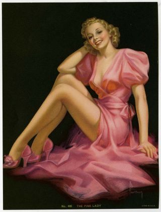 Vintage Pearl Frush 1940s Art Deco Pin - Up Print Leggy Blonde Pink Lady Beauty