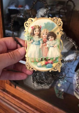Antique German Victorian Die Cut Scrap Tinsel Little Girls Christmas Ornament