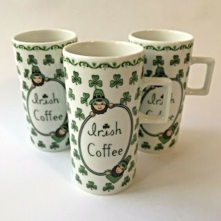Set Of 3 Vtg Irish Coffee Mugs By Treasure Masters W Leprechauns & Clovers Japan