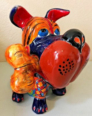 Mexican Pottery Talavera Dog W/bone Blue Animal Figure Puppy Art Gerardo Garcia