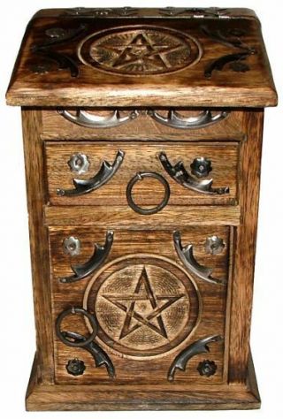 Mini Interwoven Pentagram Wicca Pagan Wood Carved Herb Cupboard Chest 8.  75 " Tall