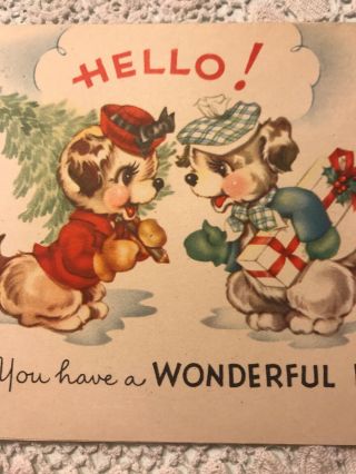 Vintage Christmas Card Puppy Dogs Shaking Hands Shopping Tree Mittens