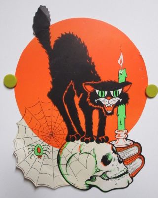 Vintage Beistle Company Halloween Decoration Black Cat Skull Spider Usa Large