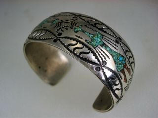 Old Navajo Sterling Silver & Turquoise Coral Inlay Yei / Kachina Bracelet