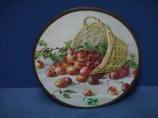 Antique Flue Cover Red Cherries,  Basket 9&5/8 Inch Colorful Picture,  Metal Frame