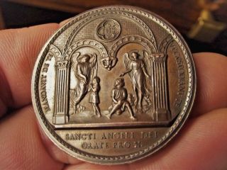 Large Antique French Bronze Religious Medal Saint & Angels Signed Penin