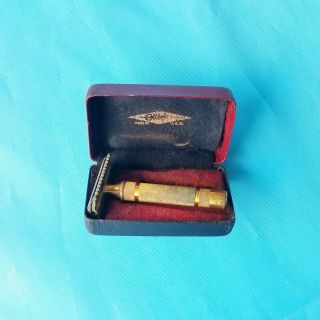 Vintage Gillette Razor W/ Case Gold Color Open Comb 3 Piece
