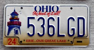 Ohio " Erie.  Our Great Lake " License Plate Featuring A Lighthouse