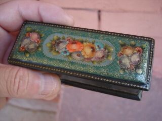 Vintage Russian Hand Painted Black Lacquer Signed Jewelry Trinket Box