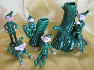 Vtg Set 2 Pc Green Pixie Elves Ceramic Vases Japan