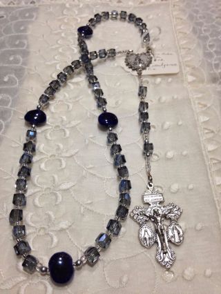 Czech Glass 8mm Square Rosary Triple Indulgence Crx,  Blue/gray Stunning