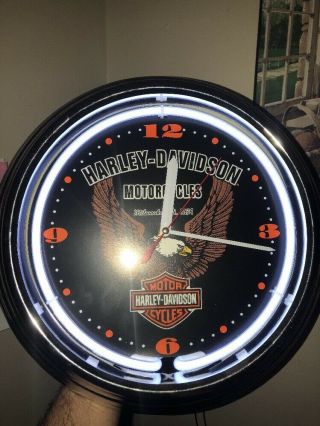 Round Harley Davidson Eagle Neon Wall Clock Chrome