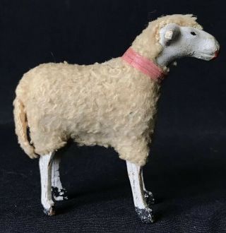 2 - 1/2” Antique Wool & Wood Putz Lamb For Nativity,  Germany