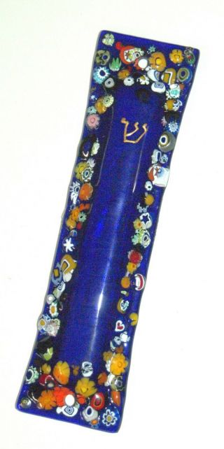 Murano Glass Handmade Mezuzah Case 10 Cm W Scroll Dark Blue Murrina Italy