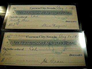 1891 Carson City Nevada The Bullion And Exchange Bank 2 Check Drafts For 1 Bin