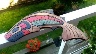 Northwest Coast Native Art Jumping Salmon plaque carving 2