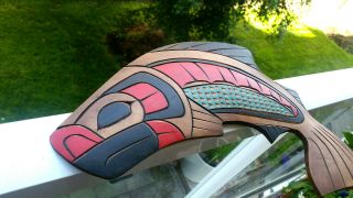 Northwest Coast Native Art Jumping Salmon plaque carving 3