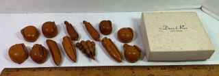 Set Of 13 - Vintage Carved Chinese Bakelite Place Card Holders - Butterscotch Fruits