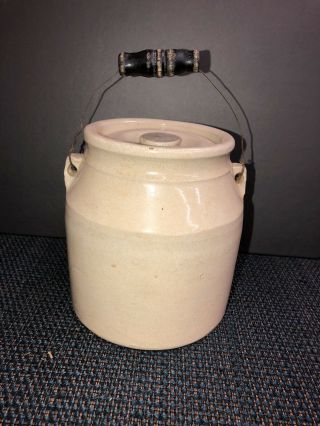 Vintage Red Wing Stoneware Crock Jar And Lid With Wooden Handle 5.  25 "