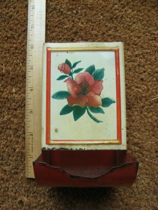 Vintage Tin Metal Match Box Holder Wall - Mount Red Flower