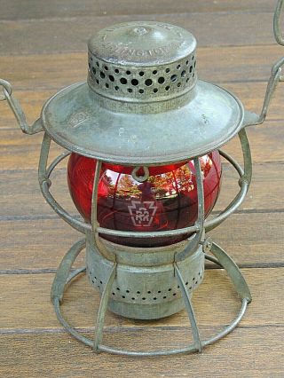 Antique Dressel Pennsylvania Railroad Prr Lantern W/ Etched Prr Red Glass Globe