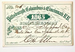 1865 Pittsburgh,  Columbus & Cincinnati Railroad Annual Pass S D Shepherd C Allen