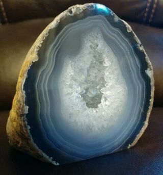 Large Sliced Druzy Geode Half Polished Blue/grey Agate Crystals 4 " X 3.  5 " 791g