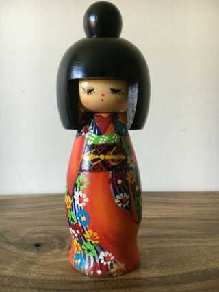 Japanese Kokeshi Girl Doll Hand Painted Wood Wooden Japan Signed 7.  5 " H