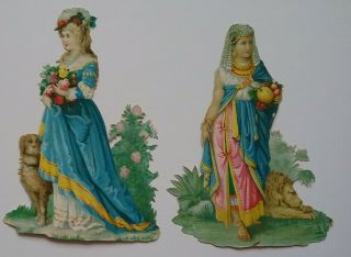 2 L Antique Chromo Victorian Scraps.  Costumed Ladies,  With A Dog&lion
