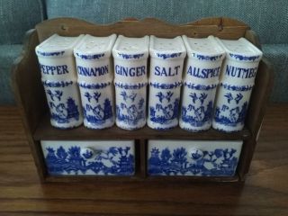 Vintage Blue Willow Spice Set Book Shaped Shakers & 2 Drawers In Cabinet