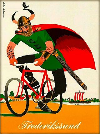 Frederikssund Denmark Scandinavia Viking On Bike Vintage Travel Art Poster Print