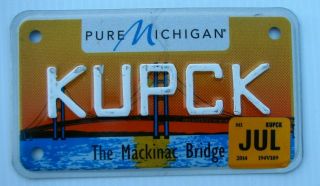 Mackinac Bridge Vanity Motorcycle Vanity License Plate " Kupck " Kupcake Cupkake