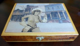 Wooden Cigar Box,  Man Cave Item,  Retro Nude Cowgirl Sherriff,  Design 1