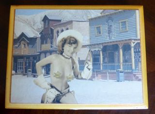 Wooden Cigar Box,  Man Cave Item,  Retro Nude Cowgirl Sherriff,  Design 1 2