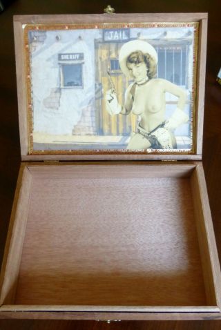 Wooden Cigar Box,  Man Cave Item,  Retro Nude Cowgirl Sherriff,  Design 1 3
