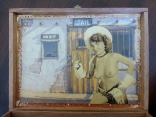 Wooden Cigar Box,  Man Cave Item,  Retro Nude Cowgirl Sherriff,  Design 1 4