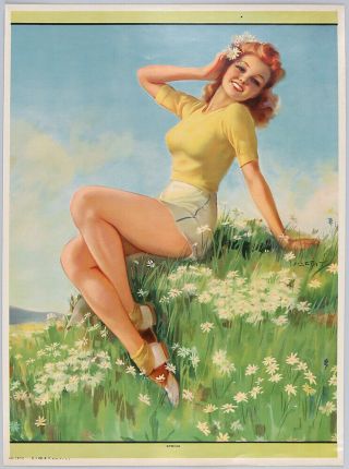 Jules Erbit Leggy Pin - Up Sweater Girl In Spring Daisies Vintage 40s Poster Print