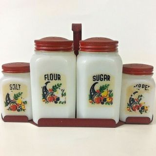 Milk Glass Spice Condiment Jars Red Lids Decals Red Metal Holder Vintage Set 4