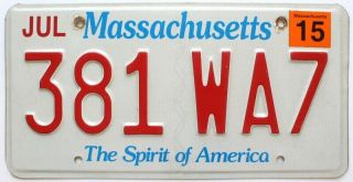 Massachusetts 2015 " The Spirit Of America " License Plate,  381 Wa7,  Quality