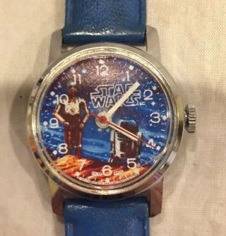 Rare Vtg 1977 Star Wars Swiss Made Watch Windup Blue Band C - 3po/r2 - D2