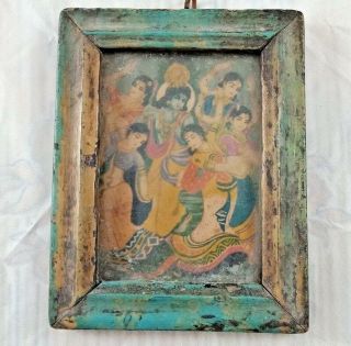 Vintage.  Old Lord Krishna Romance With Gopis Litho Print Well Framed