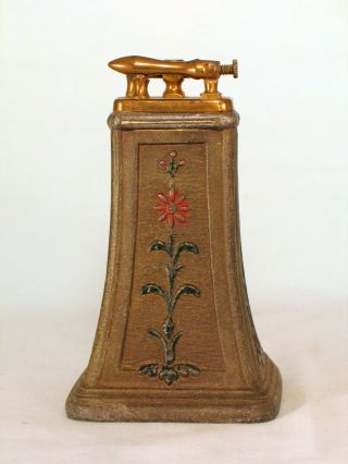 Vintage All - Metal Lift Arm Table Lighter With Painted Embossed Flowers