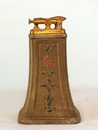Vintage all - metal lift arm table lighter with painted embossed flowers 2