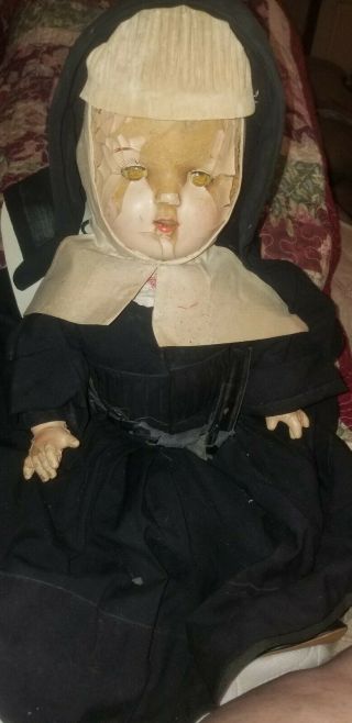 Vintage Antiq Creepy Nun Doll - Composite - Orig.  Clothes - 18 " Old Shoes Rehab