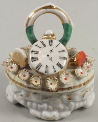 Antique Staffordshire Porcelain Dresser Trinket Box With Clock / Watch & Flowers