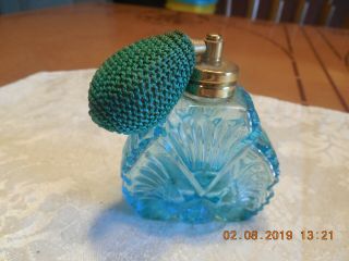 Vintage Light Blue Cut Glass Perfume Bottle With Blue Atomizer