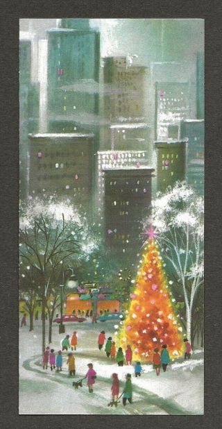 Mid Century Cityscape Cars People Snow Tree Vtg Christmas Card