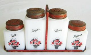 Tipp 1939 Milk Glass 5 Pc Red Range Shaker Basket Set Salt Pepper Sugar Flour Z